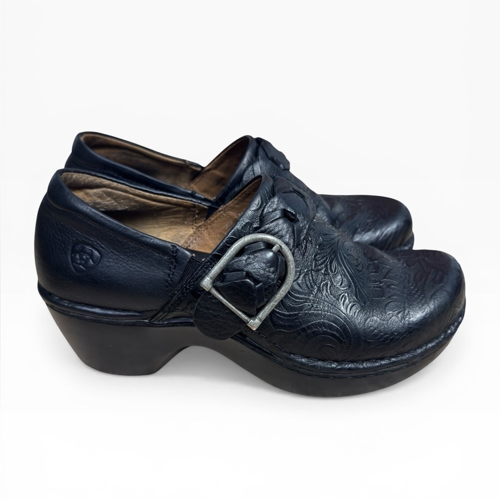 Ariat Black Embossed Leather Clogs Buckle Strap Comfort Shoes Size US 6 - Picture 4 of 12